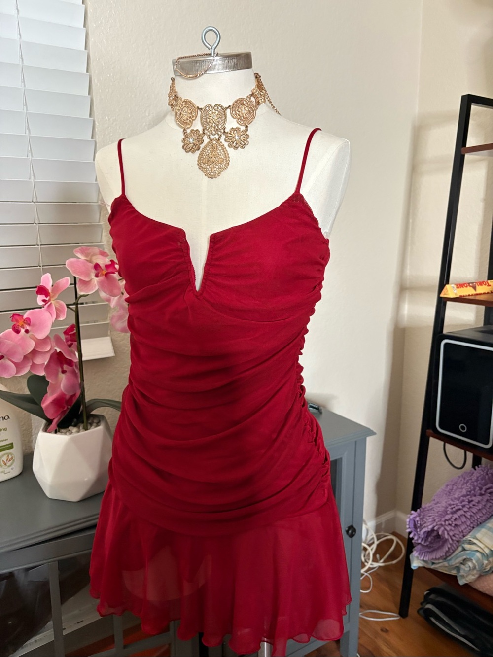 Red Spaghetti-Strap Ruched Mini Dress - Picture 3 of 5